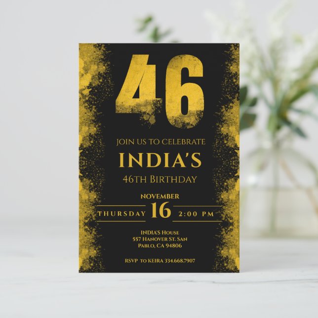 Invitación Black And Gold 46th Birthday Party (Anverso de pie)