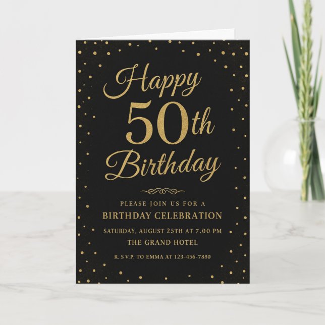 Invitación Black and Gold 50 Birthday Elegant Script (Anverso)
