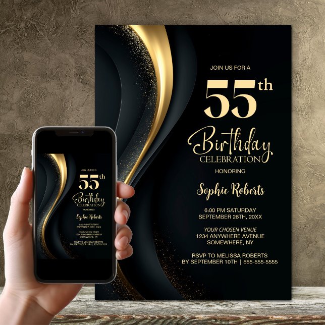 Invitación Black and Gold 55th Birthday Party (Subido por el creador)