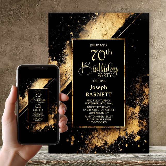 Invitación Black and Gold 70th Birthday Party (Subido por el creador)