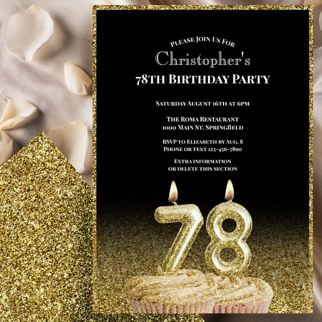 Invitación Black and Gold 78th Birthday Invitation For Him (Subido por el creador)