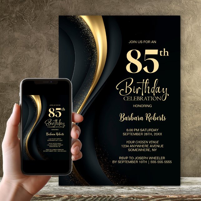 Invitación Black and Gold 85th Birthday Party (Subido por el creador)