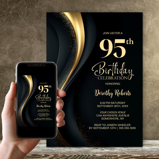 Invitación Black and Gold 95th Birthday Party (Subido por el creador)