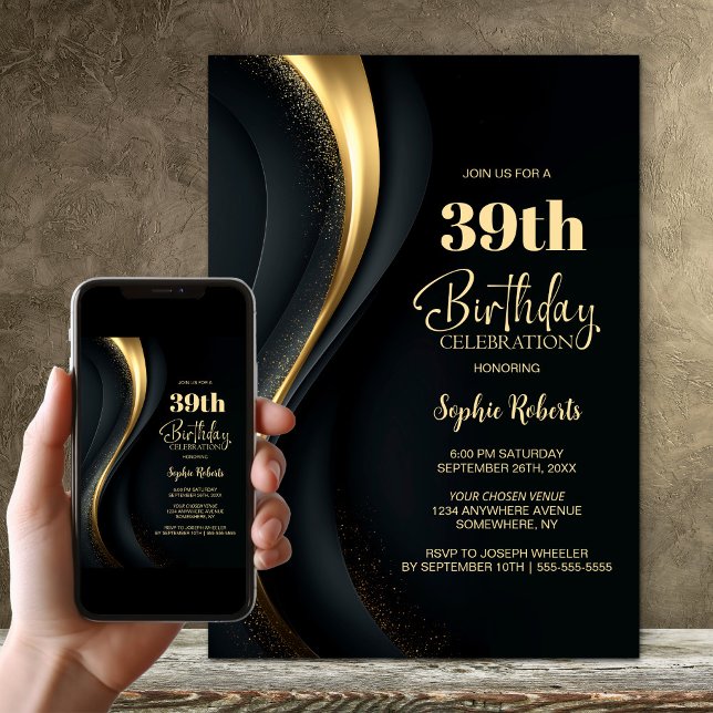 Invitación Black and Gold Any Age Birthday Party (Subido por el creador)