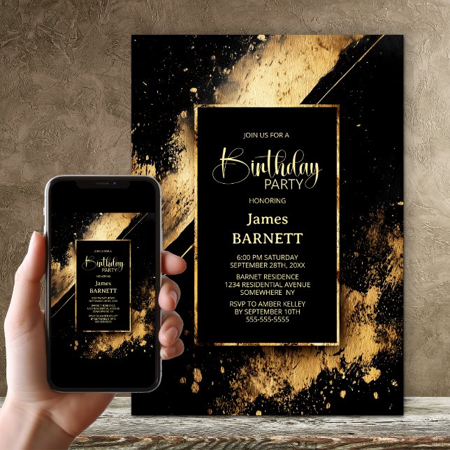 Invitación Black and Gold Any Age Birthday Party (Subido por el creador)