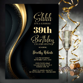 Invitación Black and Gold Any Age Surprise Birthday Party