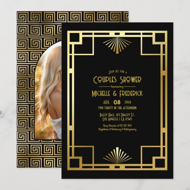 Invitación Black and Gold Art Deco Couples Shower Photo (Anverso / Reverso)