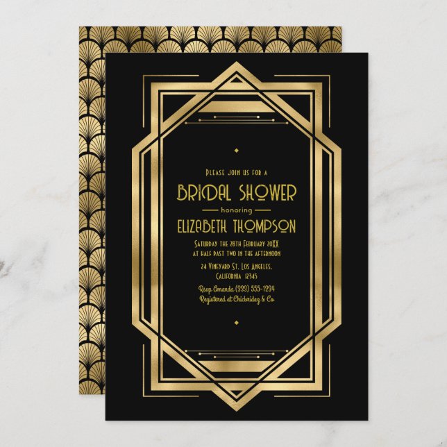 Invitación Black and Gold Art Deco Gold Bridal Shower (Anverso / Reverso)