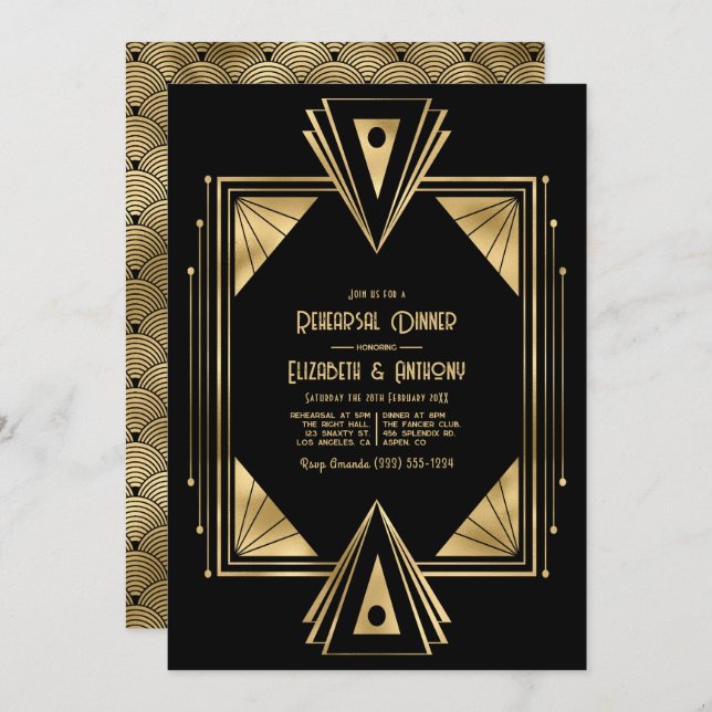 Invitación Black and Gold Art Deco Gold Rehearsal Dinner (Anverso / Reverso)