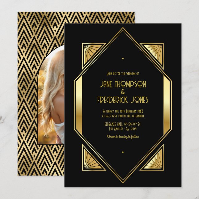 Invitación Black and Gold Art Deco Gold Wedding Photo (Anverso / Reverso)