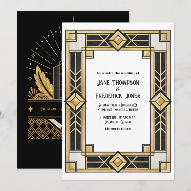 Invitación Black and Gold Art Deco QR Code RSVP Wedding (Anverso / Reverso)