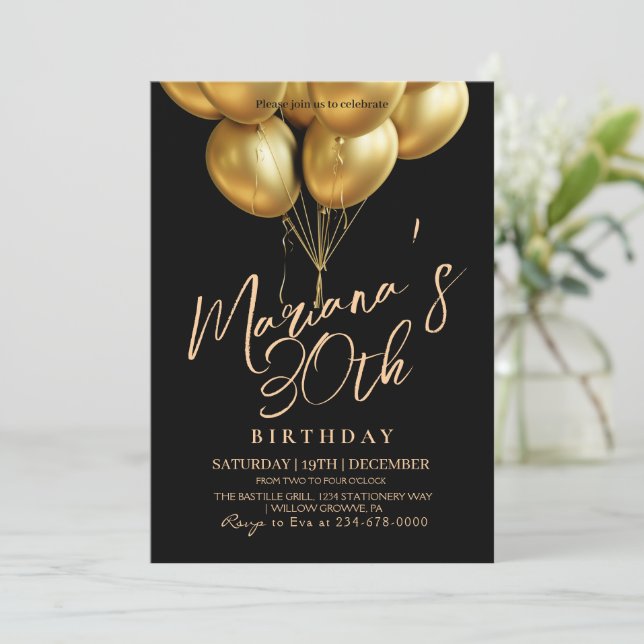 Invitación Black and Gold Balloon 30th Birthday Party (Anverso de pie)