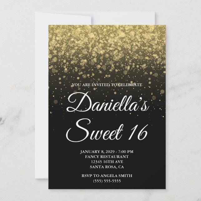 Invitación Black and Gold Bokeh Confetti Sweet 16 (Anverso)