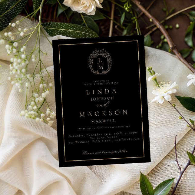 Invitación Black and gold botanical crest monogram wedding (Subido por el creador)