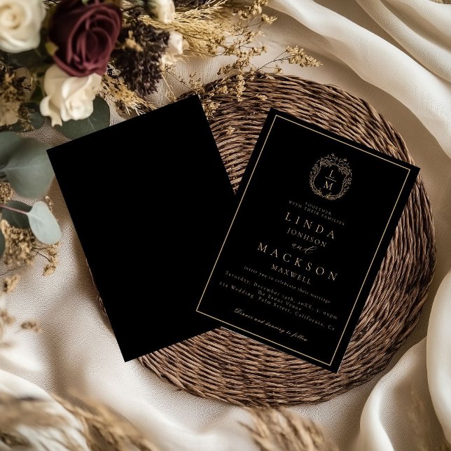 Invitación Black and gold botanical crest monogram wedding (Subido por el creador)