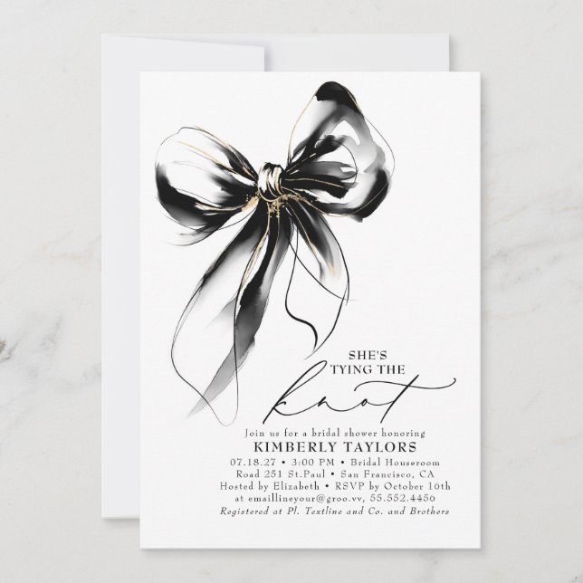 Invitación Black and Gold Bow Elegant Whimsical Bridal Shower (Anverso)