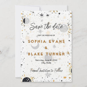Invitación Black and Gold Celestial Wedding Save the Date 