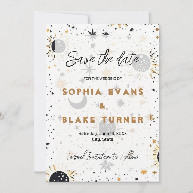 Invitación Black and Gold Celestial Wedding Save the Date  (Anverso)