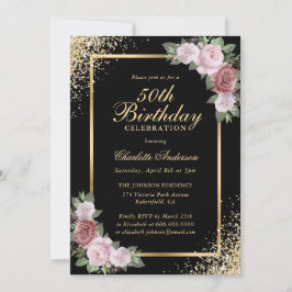 Invitación Black and Gold Confetti Rubor Floral 50 cumpleaños