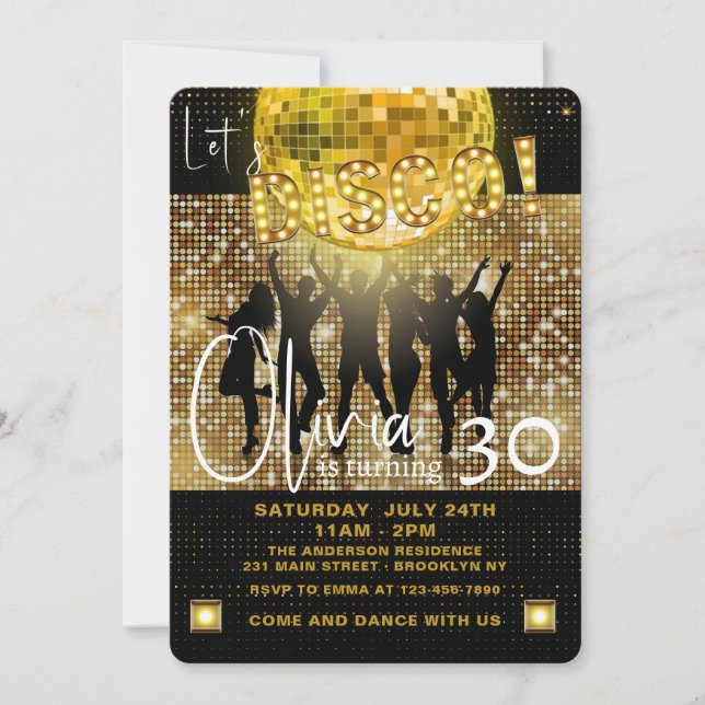 Invitación Black and Gold Disco Cualquier fiesta de cumpleaño (Anverso)