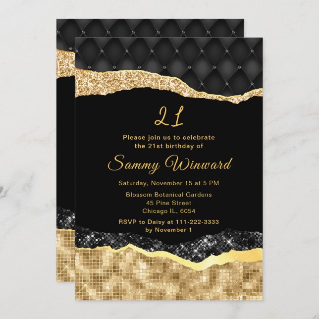 Invitación Black and Gold Glam Lears Birday Party (Anverso / Reverso)