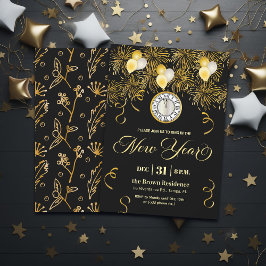 Invitación Black and Gold Glitter New Year's Eve Party