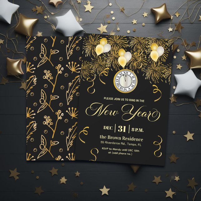 Invitación Black and Gold Glitter New Year's Eve Party  (Subido por el creador)