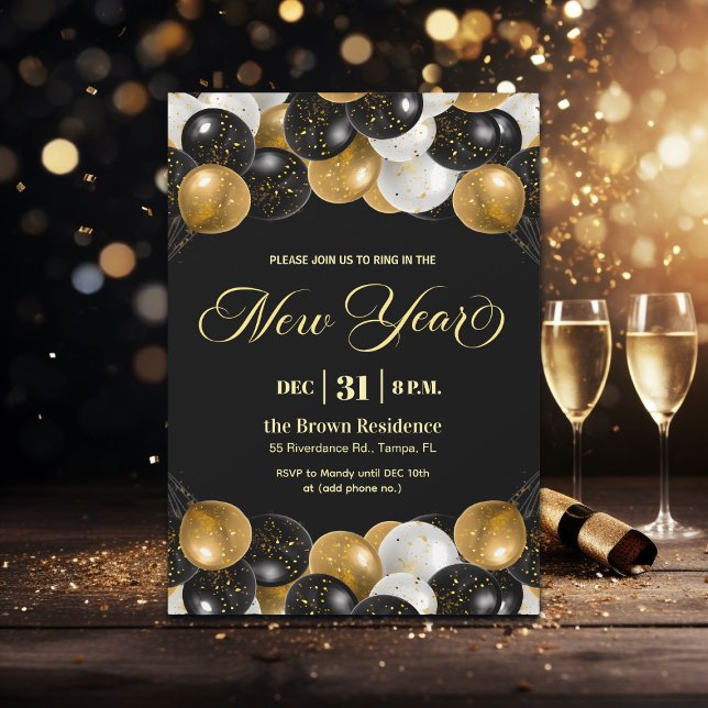 Invitación Black and Gold Glitter New Year's Eve Party  (Subido por el creador)