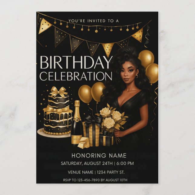 Invitación Black and Gold Luxury Birthday Invitation (Anverso)