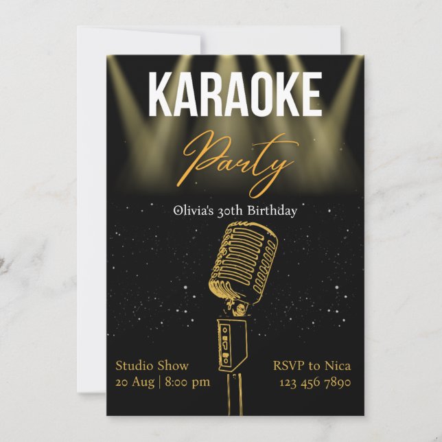 Invitación Black and Gold Modern Karaoke Birthday Party (Anverso)