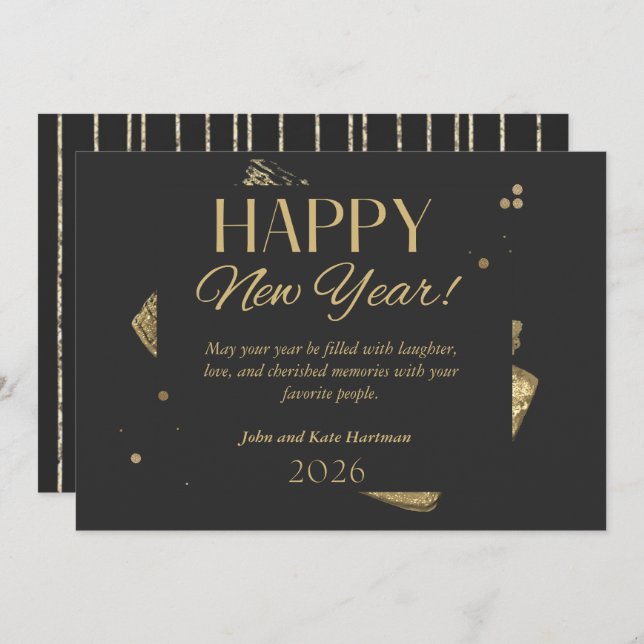 Invitación Black and Gold New Years Greeting Card (Anverso / Reverso)