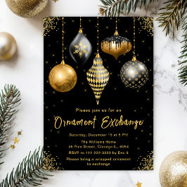 Invitación Black and Gold Ornament Exchange Party