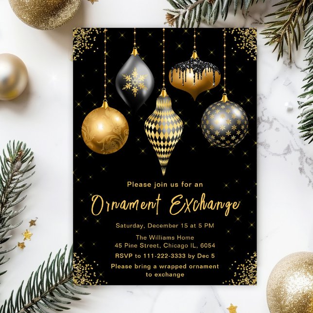 Invitación Black and Gold Ornament Exchange Party (Subido por el creador)
