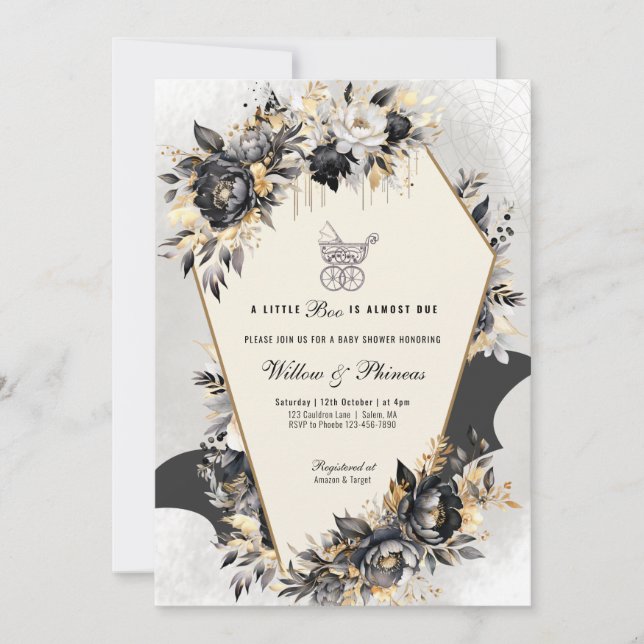 Invitación Black and Gold Peonies Halloween Baby Shower (Anverso)