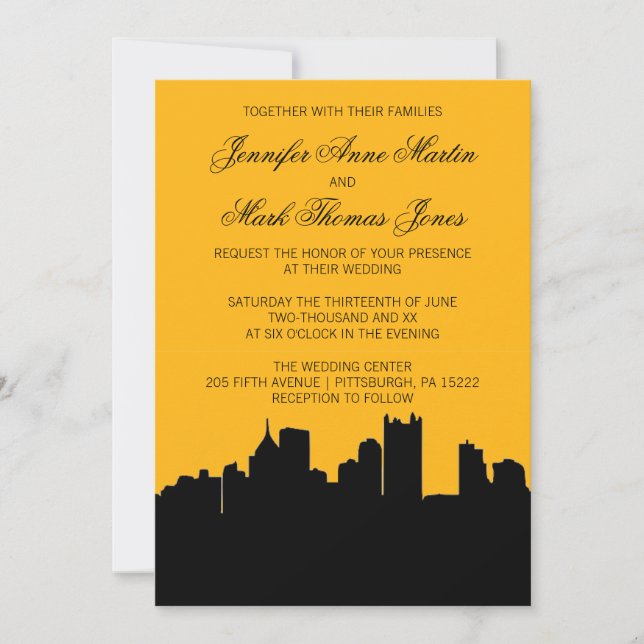 Invitación Black and Gold Pittsburgh City Skyline Boda II (Anverso)