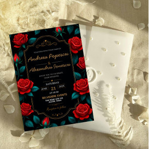 Invitación Black and Gold Rose Luxury Gothic Elegant Red Rose