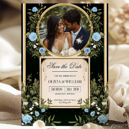 Invitación Black and Gold Save the Date with Blue Florals Inv