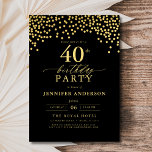 Invitación Black And Gold Script 40 cumpleaños<br><div class="desc">¡Establezca el escenario para una elegante celebración con una invitación de cumpleaños con guión de oro y negro! Con su lujoso guión dorado sobre un elegante fondo negro, este diseño exuberante y sofisticado le da un encanto intemporal. Perfecto para los cumpleaños de un hito o cualquier evento elegante, combina sin...</div>