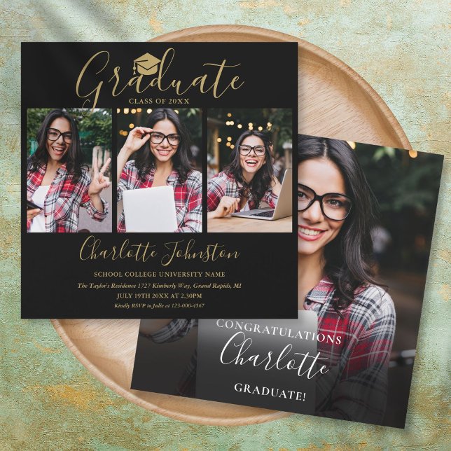 Invitación Black And Gold Script 4 Photo Graduation Party Inv (Subido por el creador)