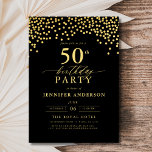 Invitación Black And Gold Script 50 años<br><div class="desc">¡Establezca el escenario para una elegante celebración con una invitación de cumpleaños con guión de oro y negro! Con su lujoso guión dorado sobre un elegante fondo negro, este diseño exuberante y sofisticado le da un encanto intemporal. Perfecto para los cumpleaños de un hito o cualquier evento elegante, combina sin...</div>