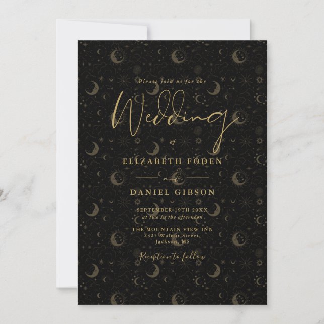 Invitación Black And Gold Script Stars Moon Celestial Boda (Anverso)
