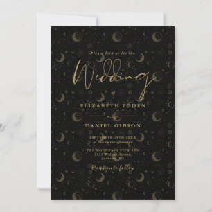 Invitación Black And Gold Script Stars Moon Celestial Boda
