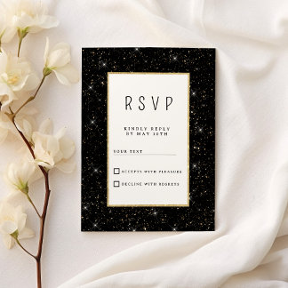 Invitación Black and gold sparkly glitter confetti RSVP