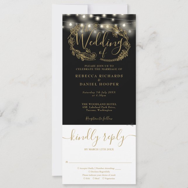 Invitación Black And Gold String Enciende Todo En Un Boda (Anverso)