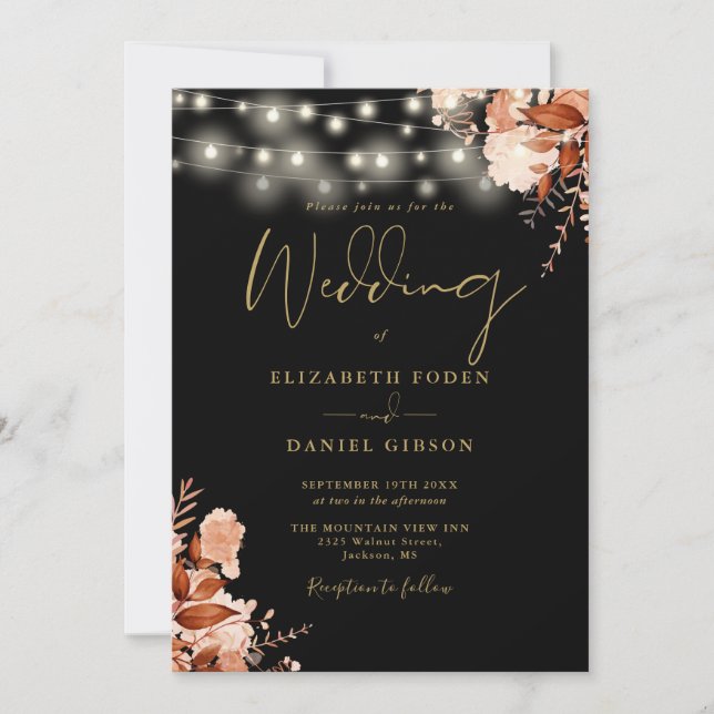 Invitación Black And Gold String Lights QR Code Fall Wedding (Anverso)