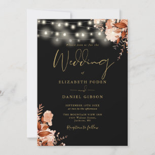 Invitación Black And Gold String Lights QR Code Fall Wedding