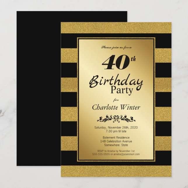 Invitación Black and Gold Stripes 40.º Fiesta de cumpleaños (Anverso / Reverso)