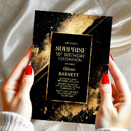 Invitación Black and Gold Surprise 18th Birthday Party
