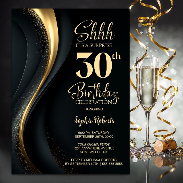 Invitación Black and Gold Surprise 30th Birthday Party (Subido por el creador)