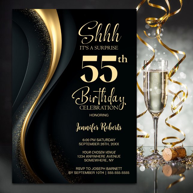 Invitación Black and Gold Surprise 55th Birthday Party (Subido por el creador)